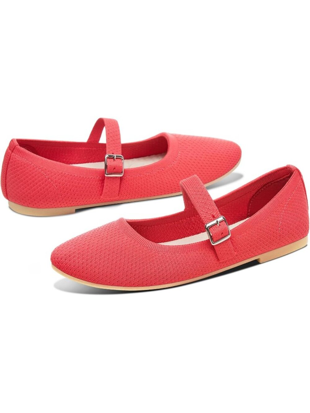 Women's Red Knit Mary Jane Flats Breathable Mesh Strap Ballet Flats Soft